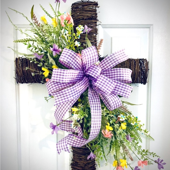 Floral Cross Wreath with Purple Gingham Bow. Spring Easter Mother’s Day